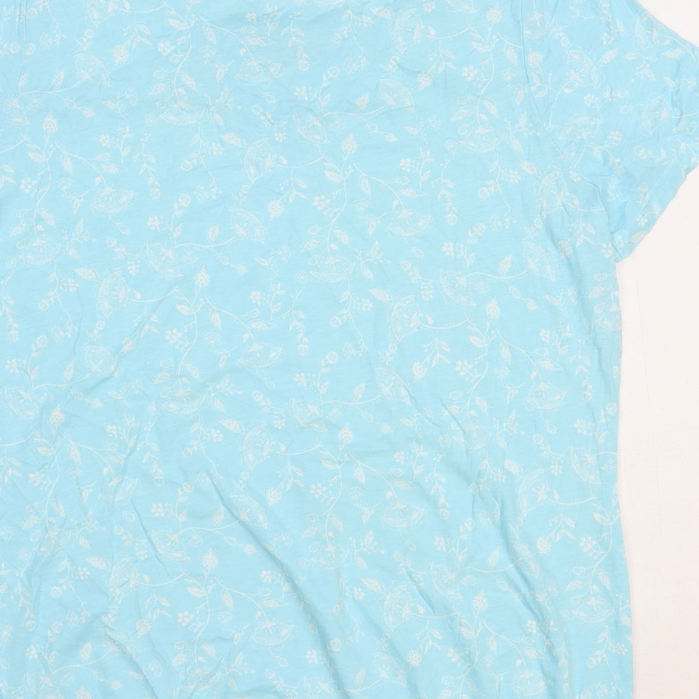 Bonmarché Womens Blue Floral Cotton Basic T-Shirt Size 14 Round Neck