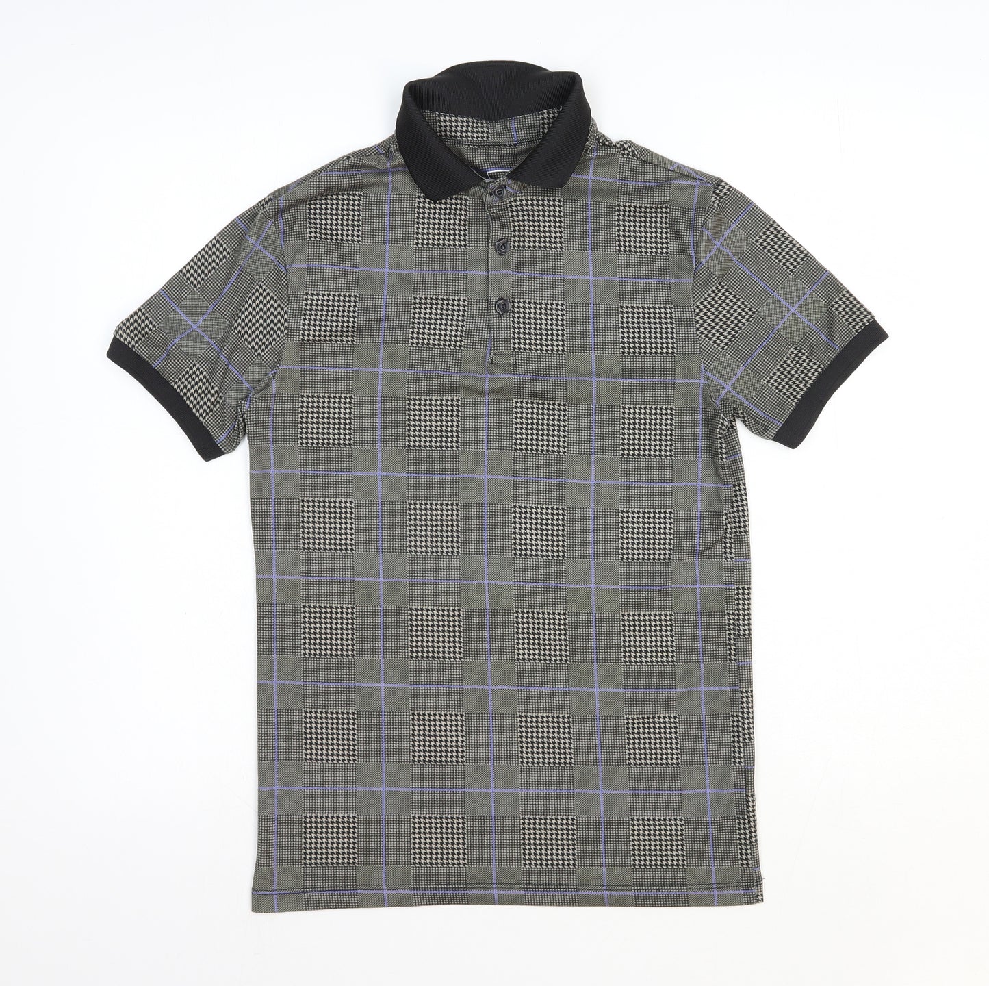 River Island Mens Brown Geometric Polyester Polo Size S Collared Button