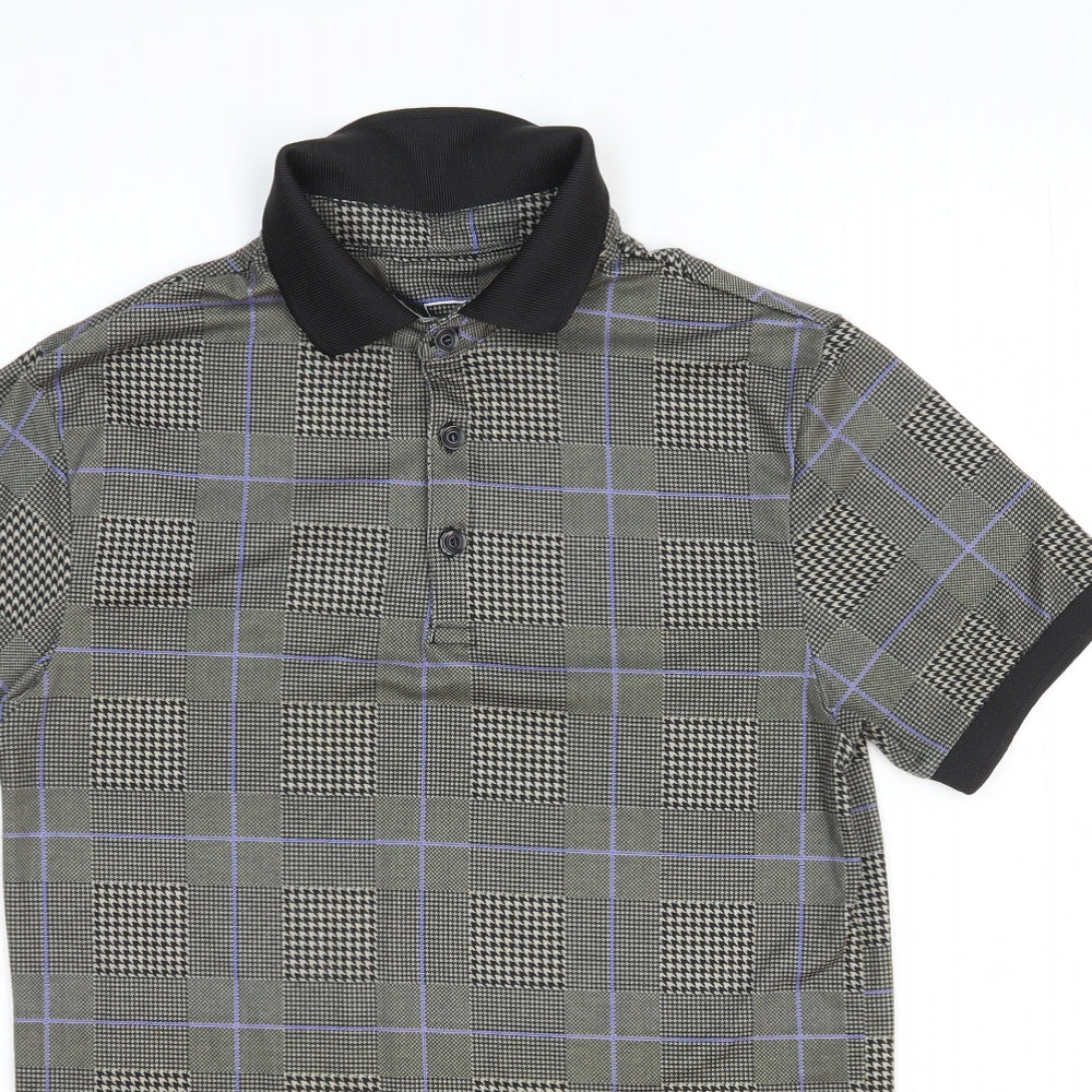River Island Mens Brown Geometric Polyester Polo Size S Collared Button