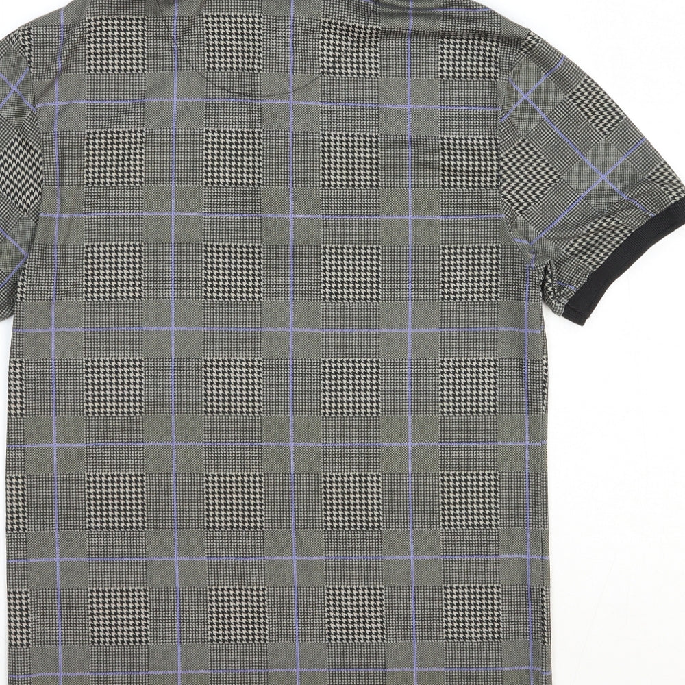 River Island Mens Brown Geometric Polyester Polo Size S Collared Button