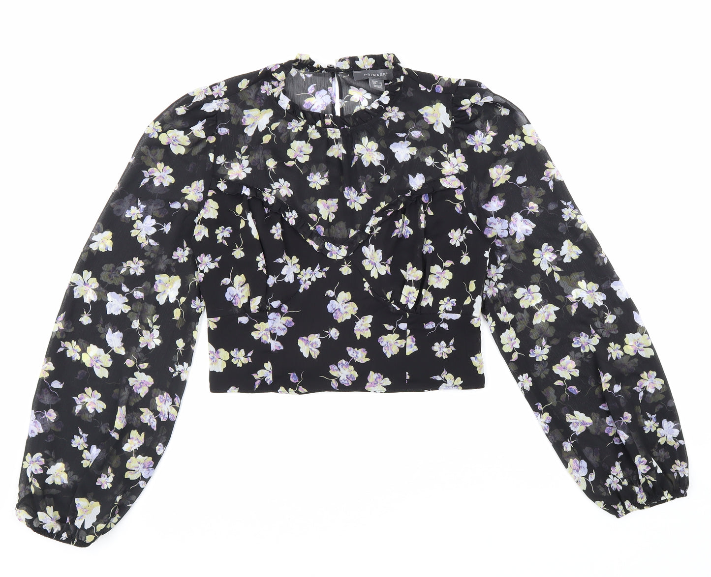 Primark Womens Black Floral Polyester Basic Blouse Size 12 V-Neck