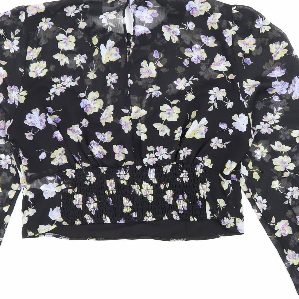 Primark Womens Black Floral Polyester Basic Blouse Size 12 V-Neck