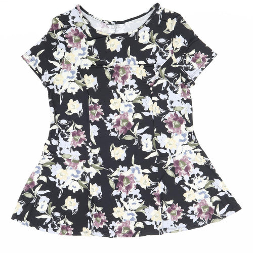 Classic Womens Black Floral Polyester Basic Blouse Size 12 Boat Neck