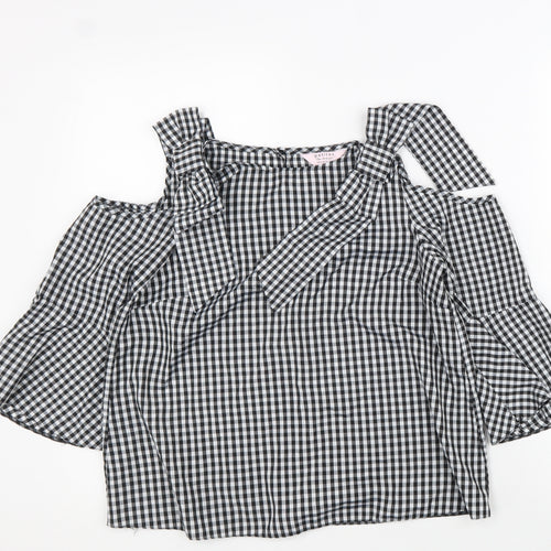 Miss Selfridge Womens Black Check Polyester Basic Blouse Size 8 Off the Shoulder