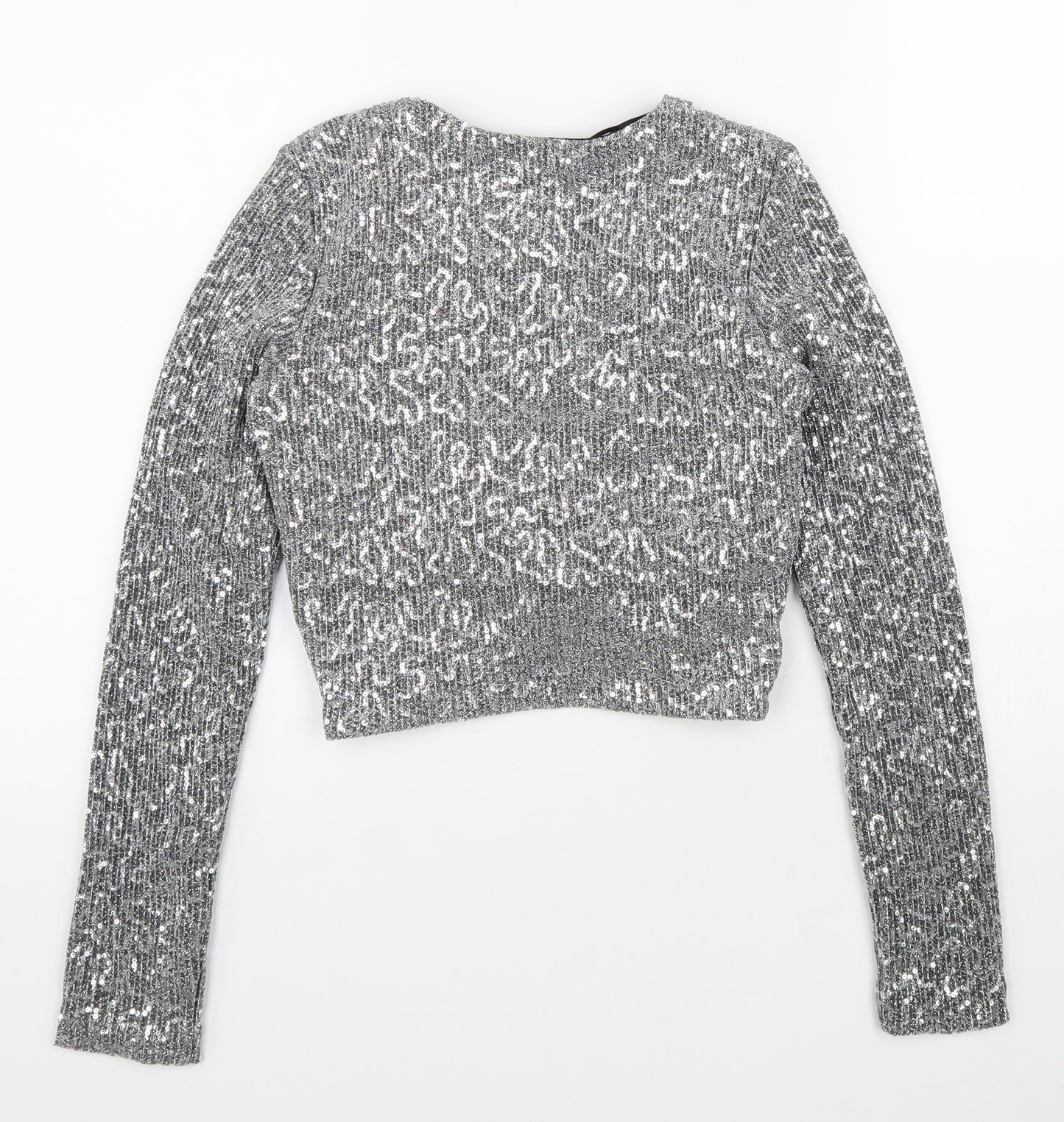 Zara Womens Silver Polyester Cropped Blouse Size M V-Neck