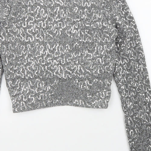 Zara Womens Silver Polyester Cropped Blouse Size M V-Neck