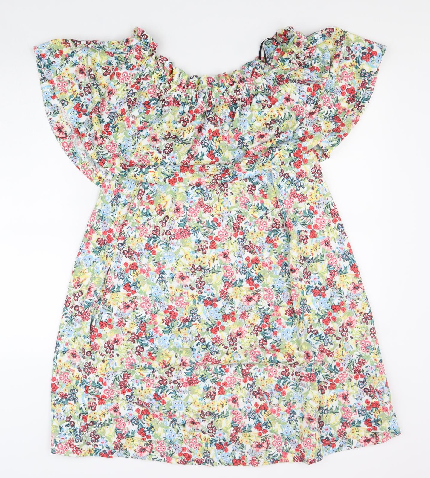 H&M Womens Multicoloured Floral Cotton A-Line Size M Off the Shoulder