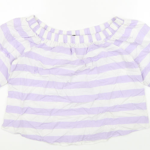 Marks and Spencer Womens Purple Striped 100% Cotton Basic Blouse Size 8 Boat Neck