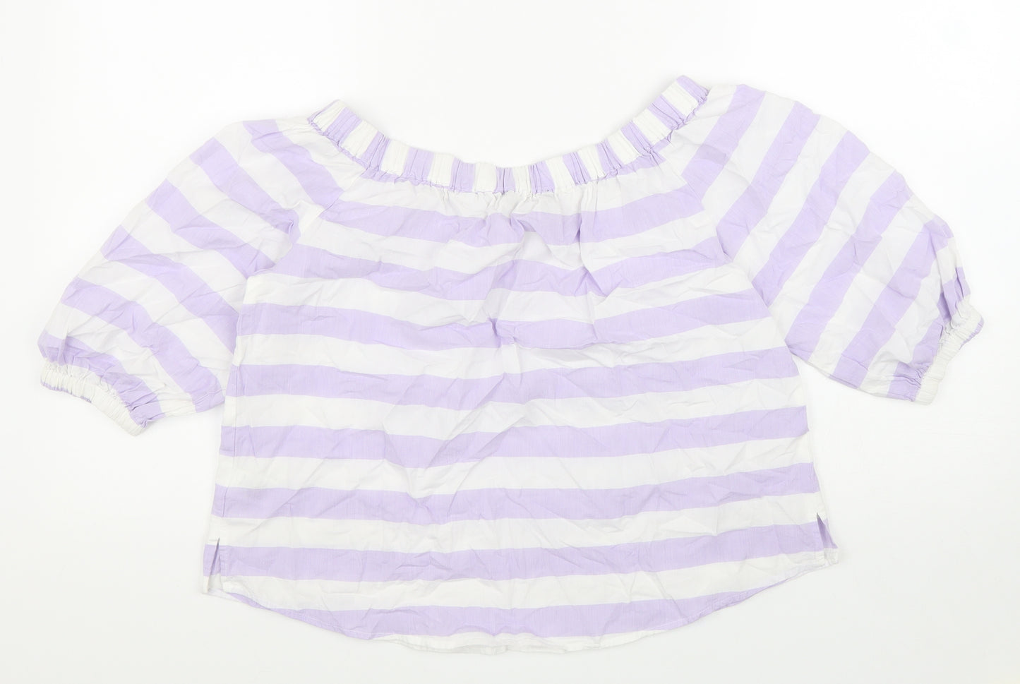 Marks and Spencer Womens Purple Striped 100% Cotton Basic Blouse Size 8 Boat Neck