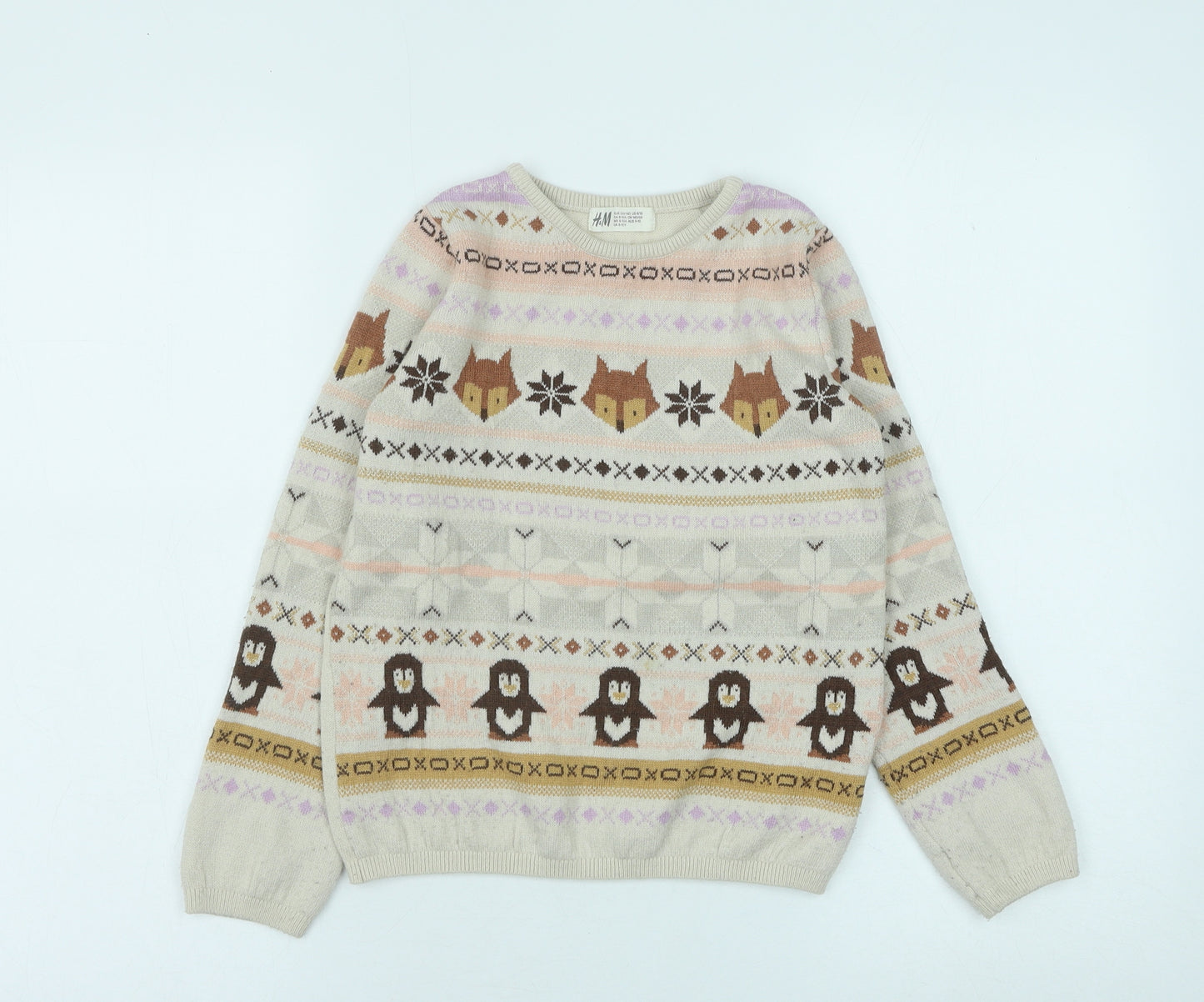 H&M Girls Beige Round Neck Fair Isle Polyester Pullover Jumper Size 8-9 Years Pullover - Christmas Penguin