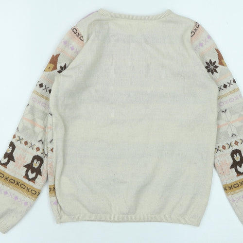 H&M Girls Beige Round Neck Fair Isle Polyester Pullover Jumper Size 8-9 Years Pullover - Christmas Penguin