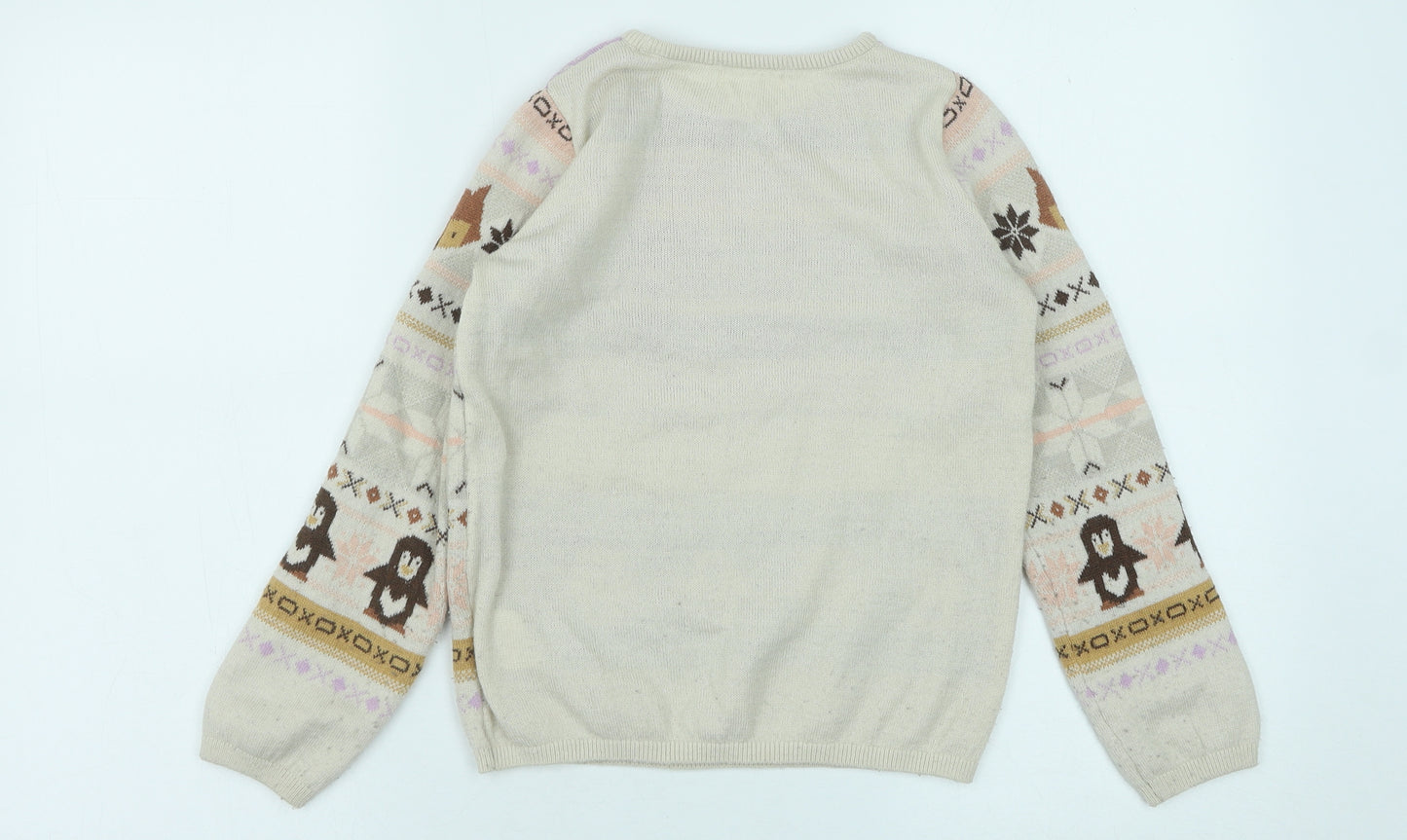 H&M Girls Beige Round Neck Fair Isle Polyester Pullover Jumper Size 8-9 Years Pullover - Christmas Penguin