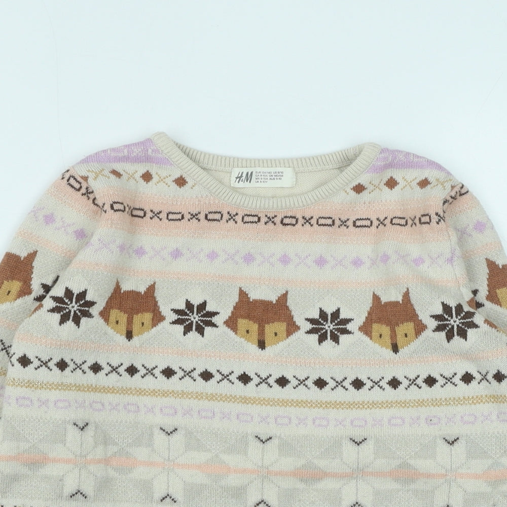 H&M Girls Beige Round Neck Fair Isle Polyester Pullover Jumper Size 8-9 Years Pullover - Christmas Penguin