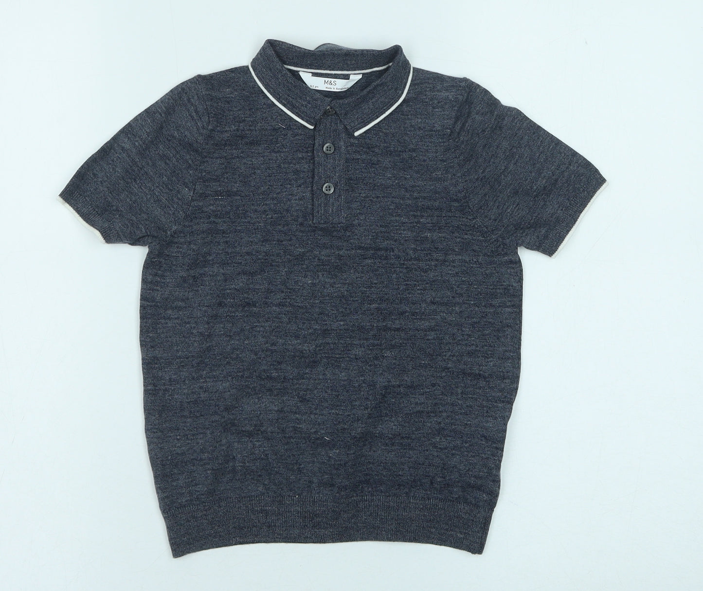 Marks and Spencer Boys Blue Cotton Basic Polo Size 6-7 Years Collared Button