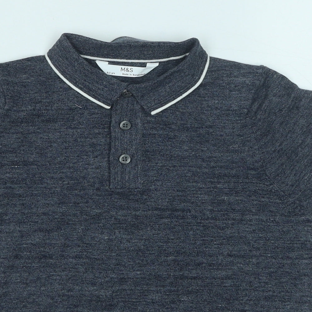 Marks and Spencer Boys Blue Cotton Basic Polo Size 6-7 Years Collared Button