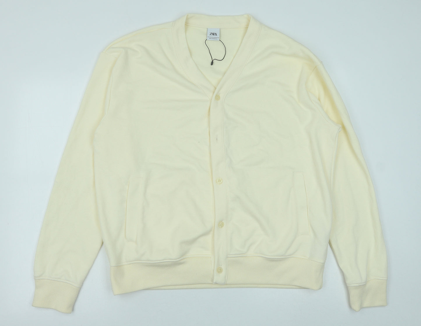 Zara Mens Ivory V-Neck Cotton Cardigan Jumper Size XL