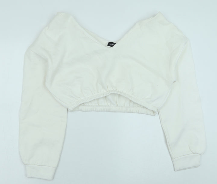 PRETTYLITTLETHING Womens White Polyester Pullover Sweatshirt Size M Pullover - Cropped