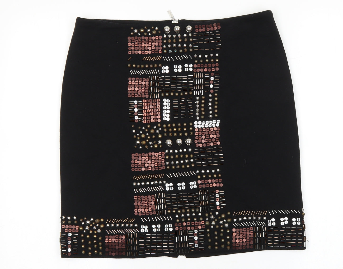Phase Eight Womens Black Geometric Viscose A-Line Skirt Size 12 Zip