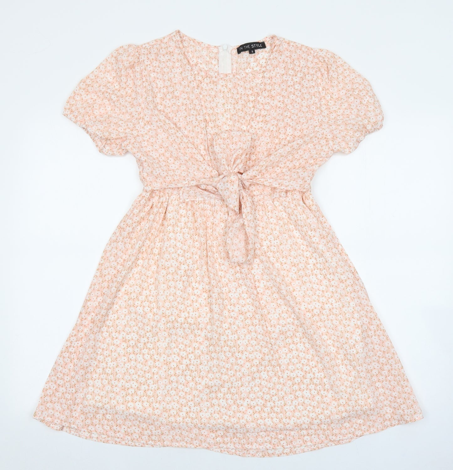 In the Style Womens Pink Floral Polyester Fit & Flare Size 8 Round Neck Zip
