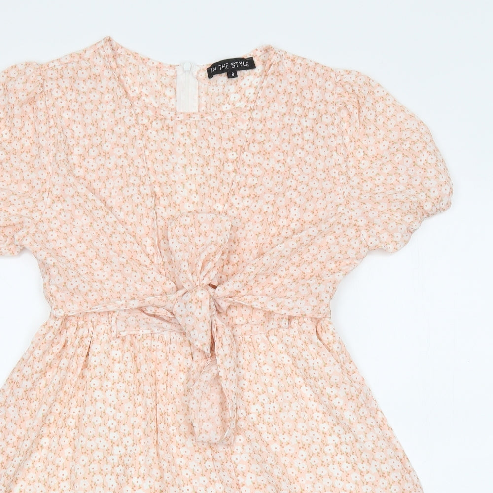 In the Style Womens Pink Floral Polyester Fit & Flare Size 8 Round Neck Zip