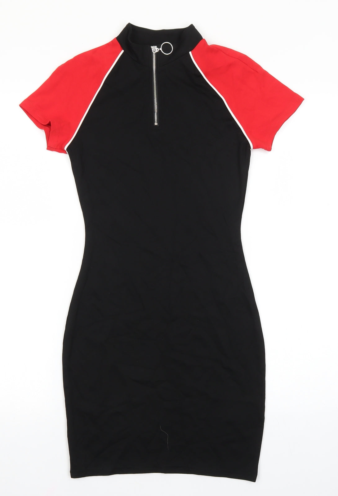 Divided Womens Black Colourblock Viscose Bodycon Size 6 Mock Neck Zip