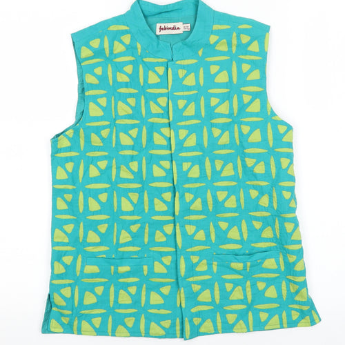 Fabindia Girls Green Geometric 100% Cotton Basic Blouse Size 12-13 Years Round Neck Button