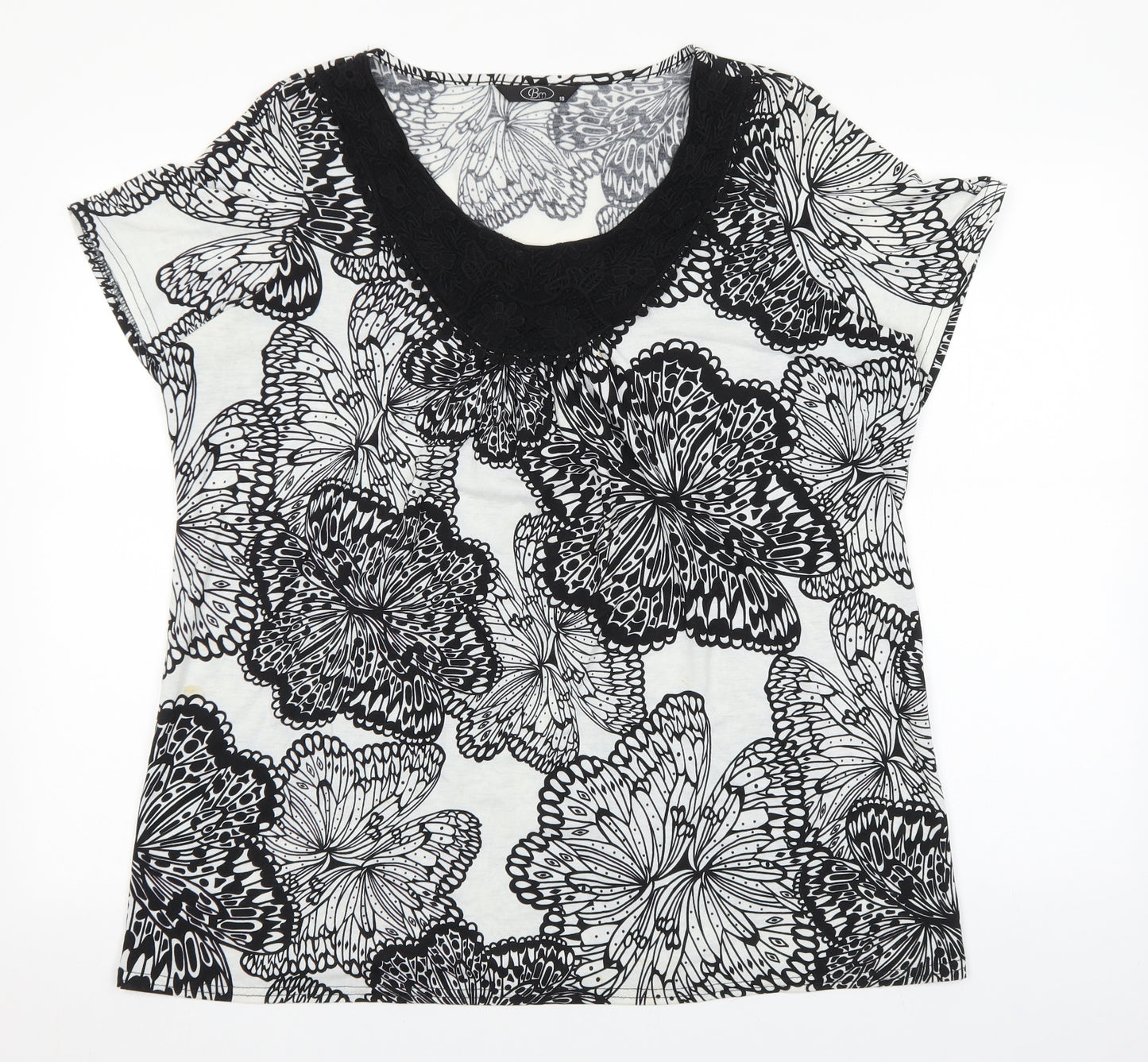Bonmarché Womens Black Floral Cotton Basic T-Shirt Size 18 Scoop Neck
