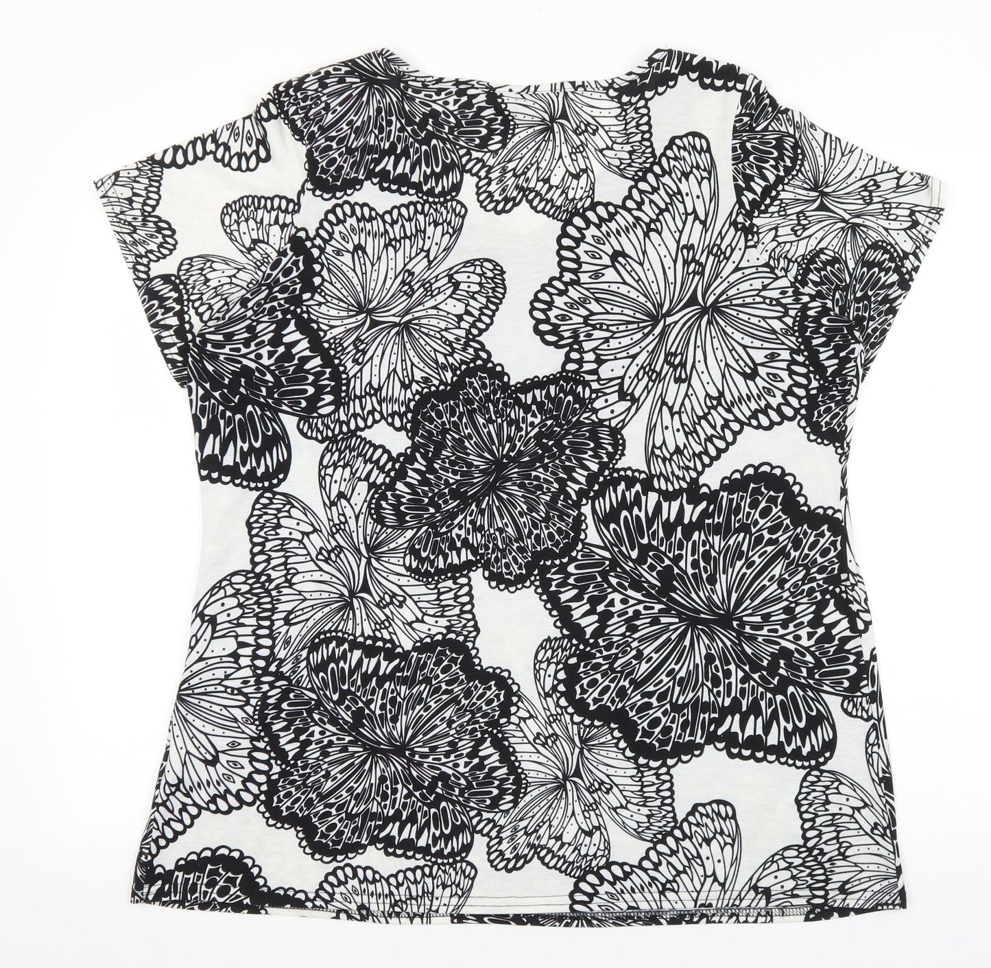 Bonmarché Womens Black Floral Cotton Basic T-Shirt Size 18 Scoop Neck