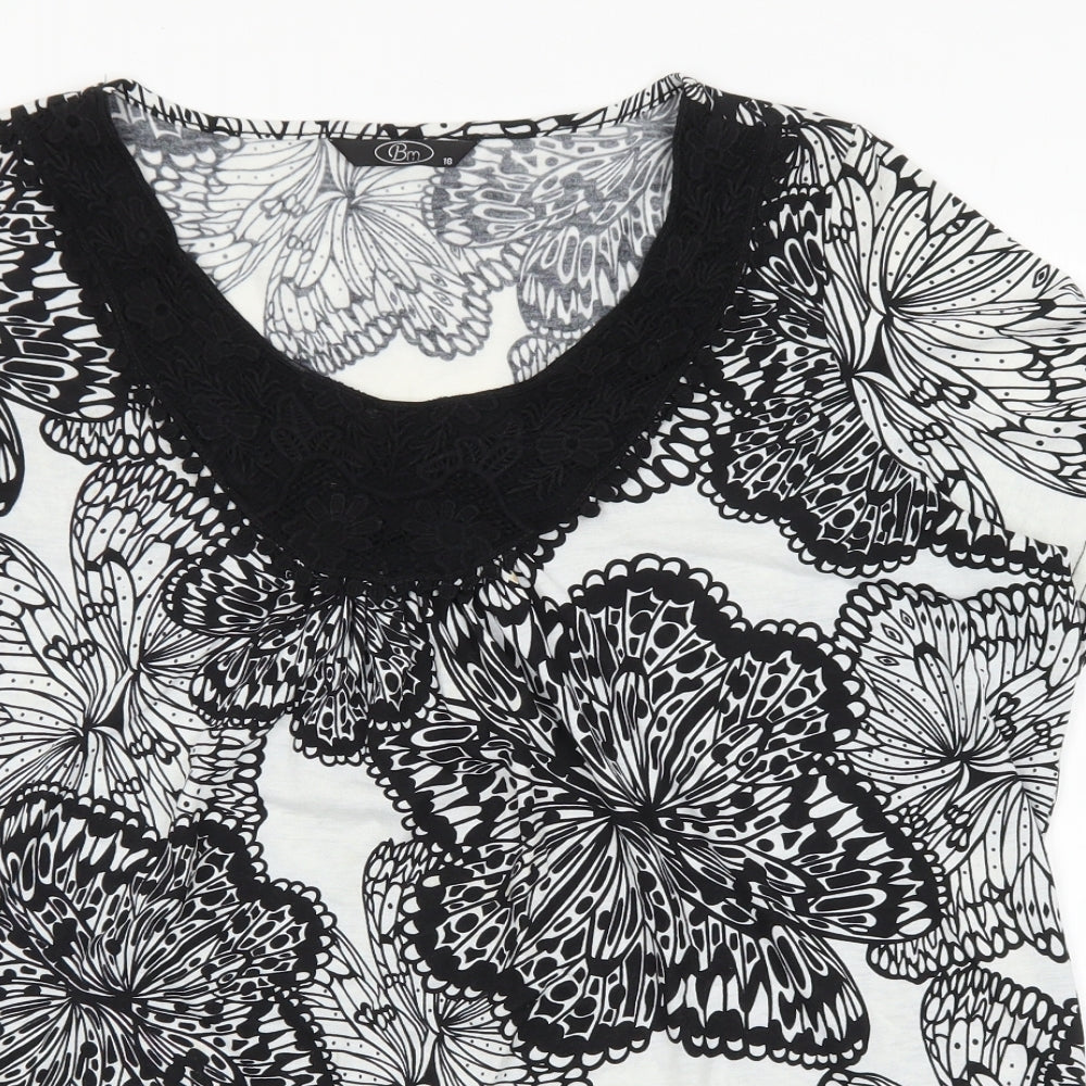 Bonmarché Womens Black Floral Cotton Basic T-Shirt Size 18 Scoop Neck