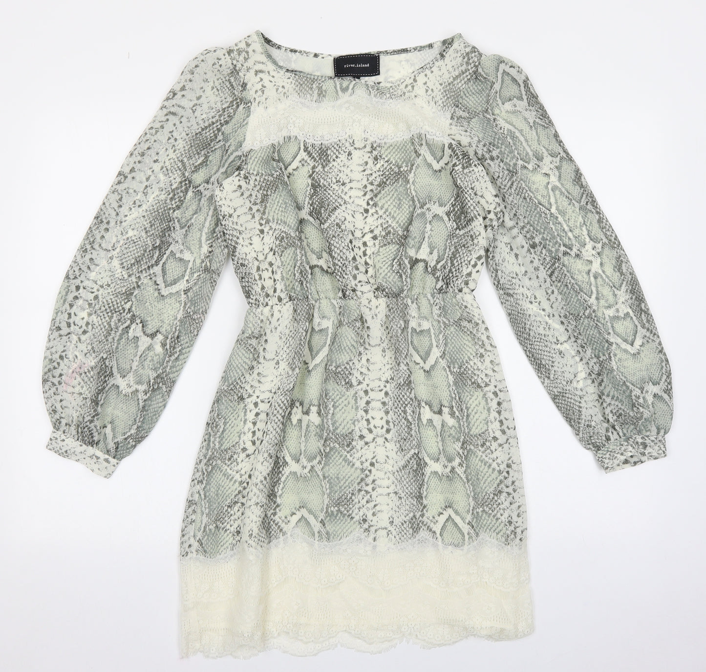 River Island Womens Green Animal Print Polyester Fit & Flare Size 6 Round Neck Pullover - Snakeskin Pattern