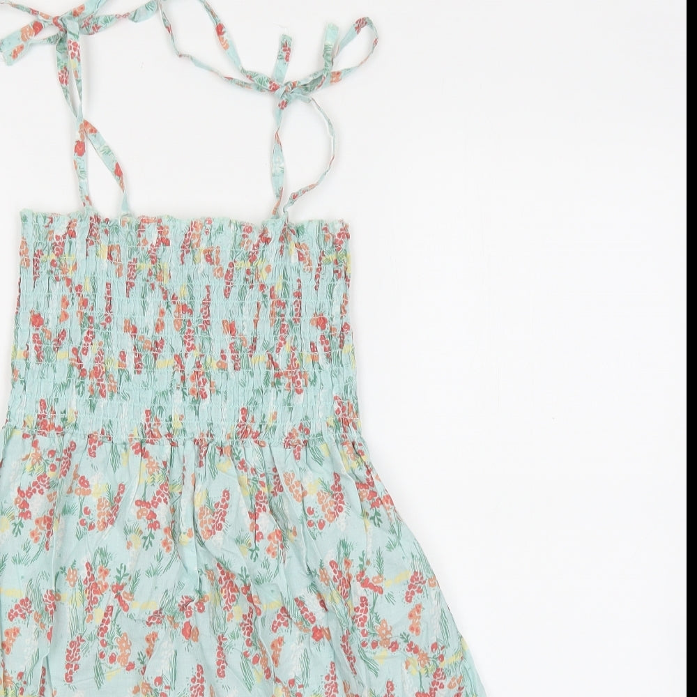 F&F Womens Green Floral 100% Cotton Tank Dress Size 10 Square Neck Tie