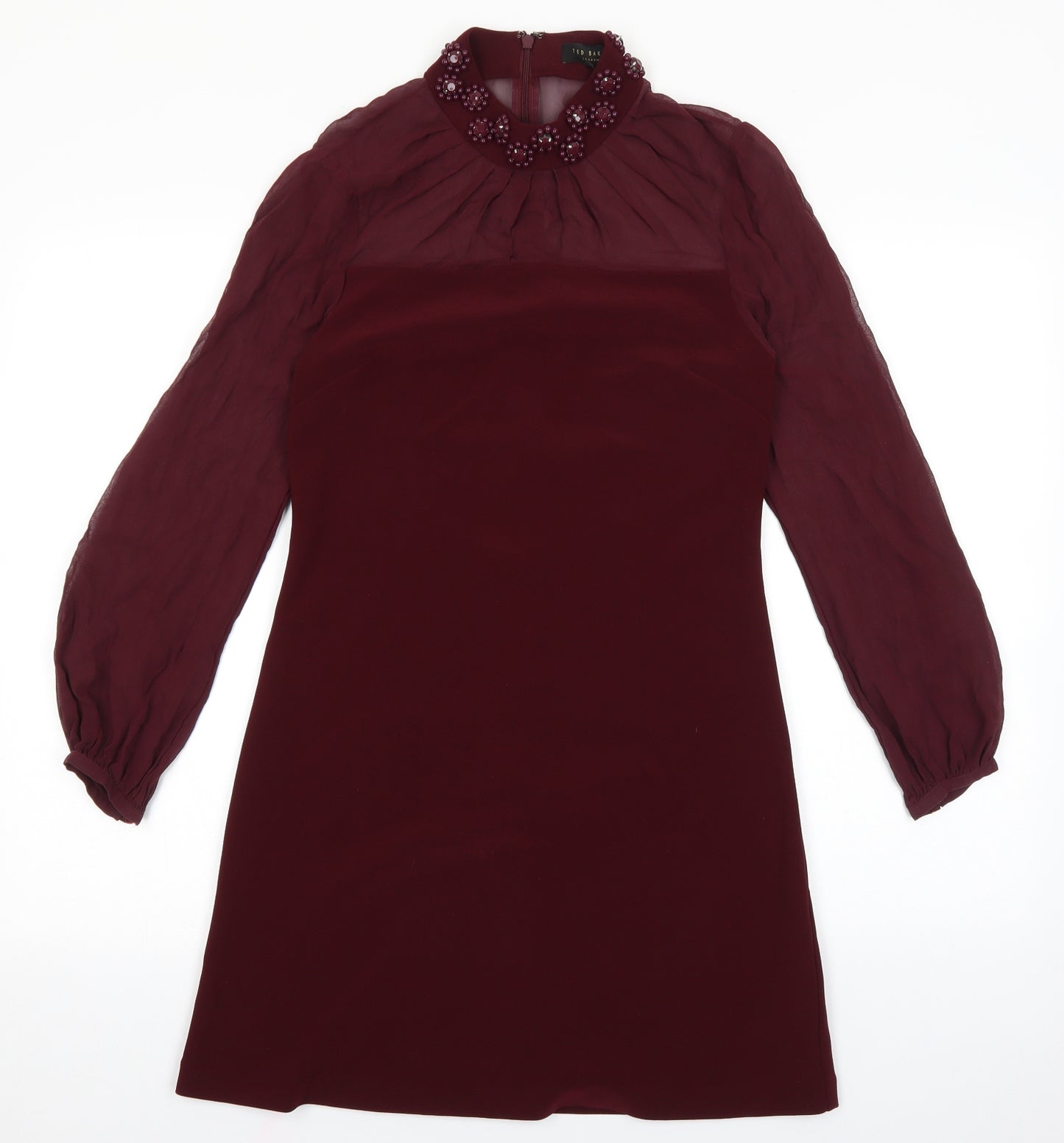 Ted Baker Womens Red Polyester A-Line Size XS Mock Neck Zip - Embellished Neckline