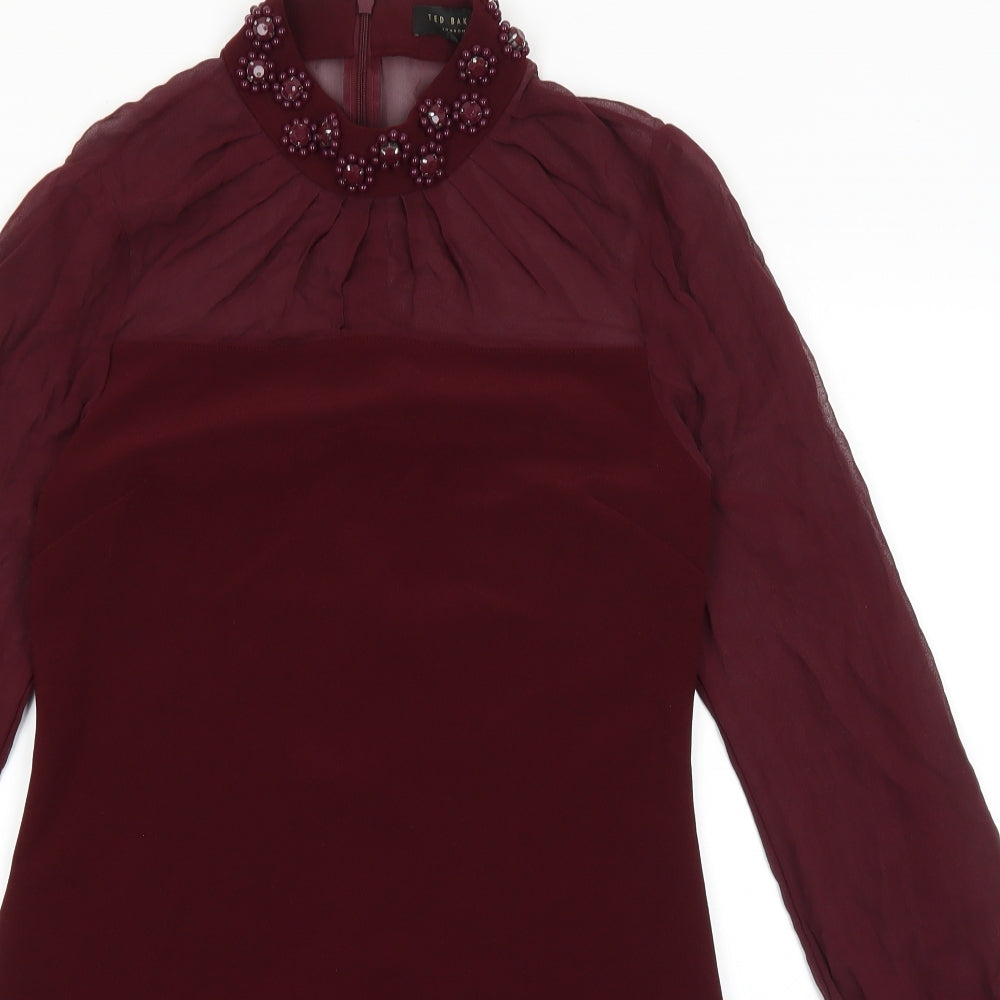 Ted Baker Womens Red Polyester A-Line Size XS Mock Neck Zip - Embellished Neckline
