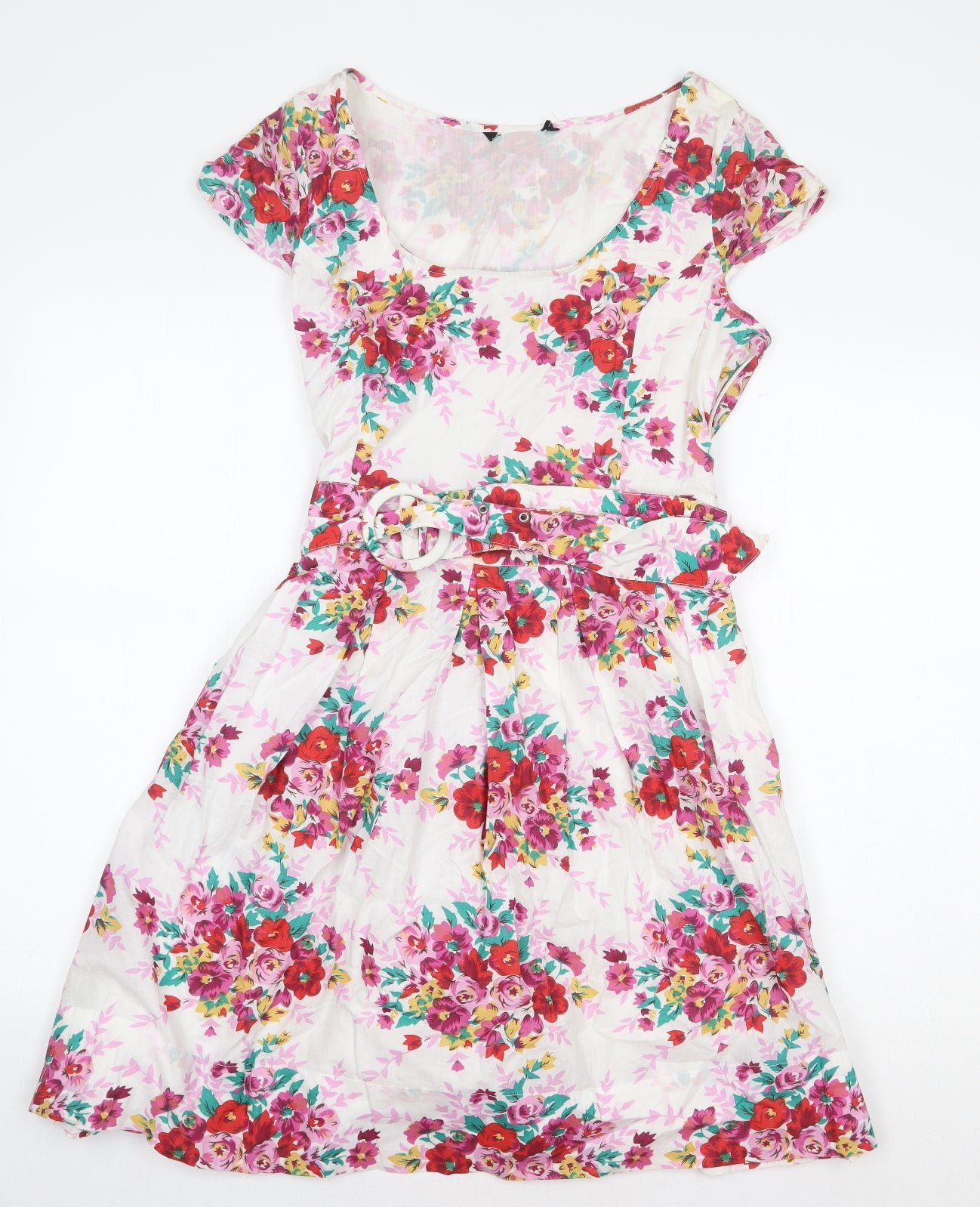 Dorothy Perkins Womens White Floral 100% Cotton Fit & Flare Size 12 Boat Neck Buckle
