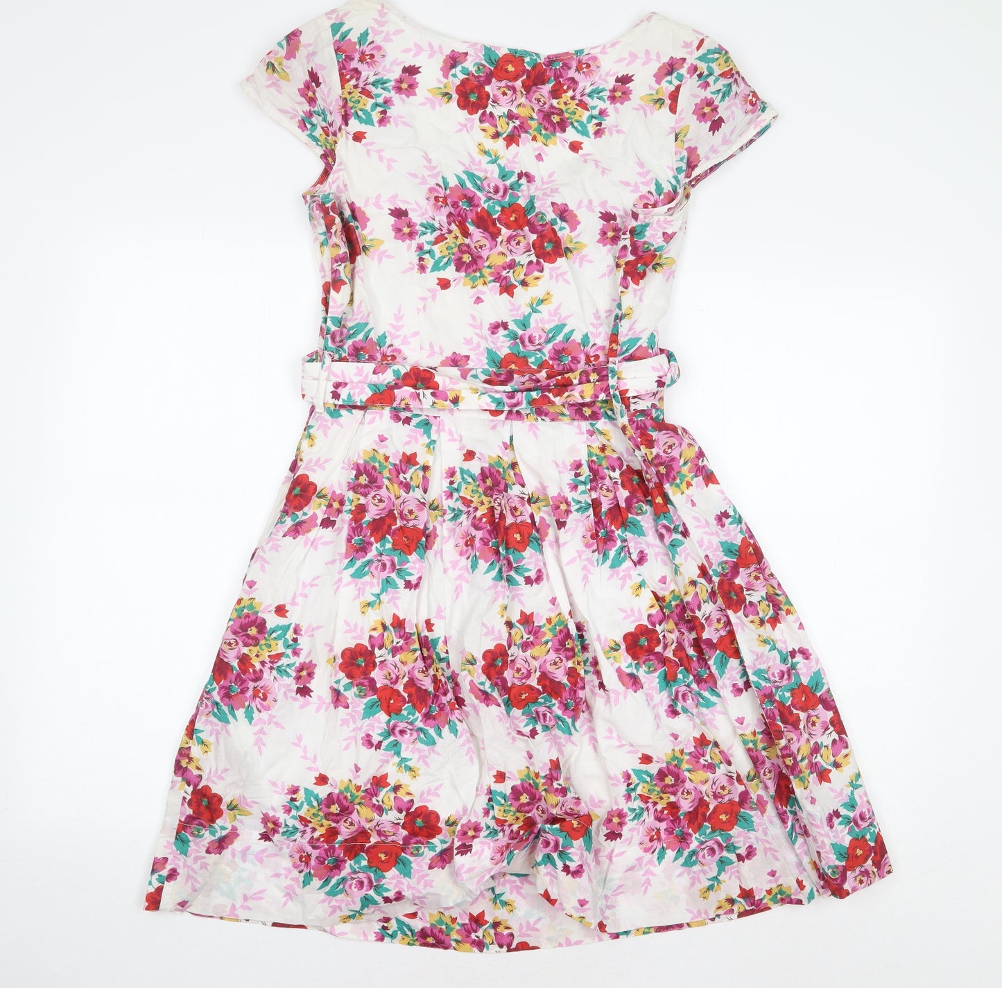 Dorothy Perkins Womens White Floral 100% Cotton Fit & Flare Size 12 Boat Neck Buckle
