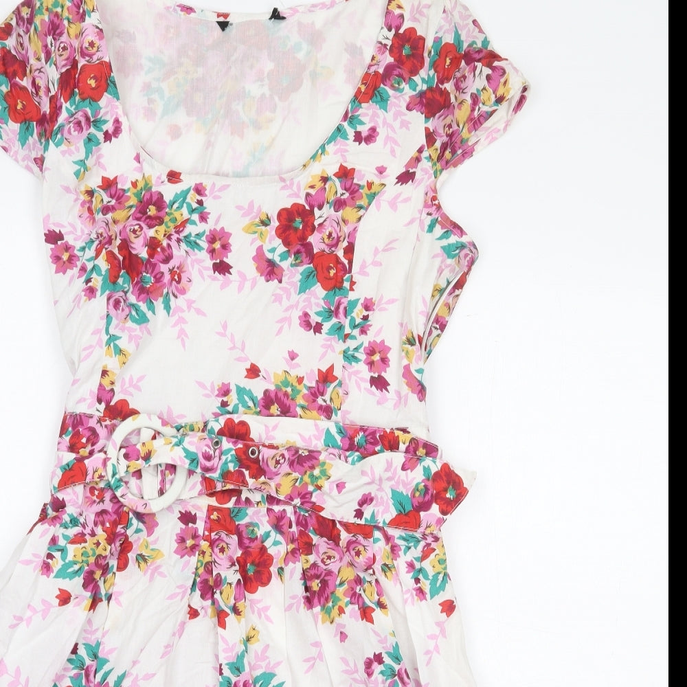 Dorothy Perkins Womens White Floral 100% Cotton Fit & Flare Size 12 Boat Neck Buckle