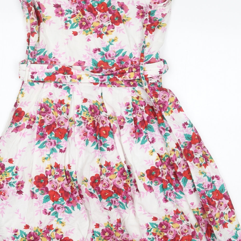 Dorothy Perkins Womens White Floral 100% Cotton Fit & Flare Size 12 Boat Neck Buckle