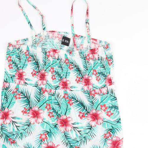 B.You Womens Green Floral Polyester Basic Tank Size 2XS Square Neck