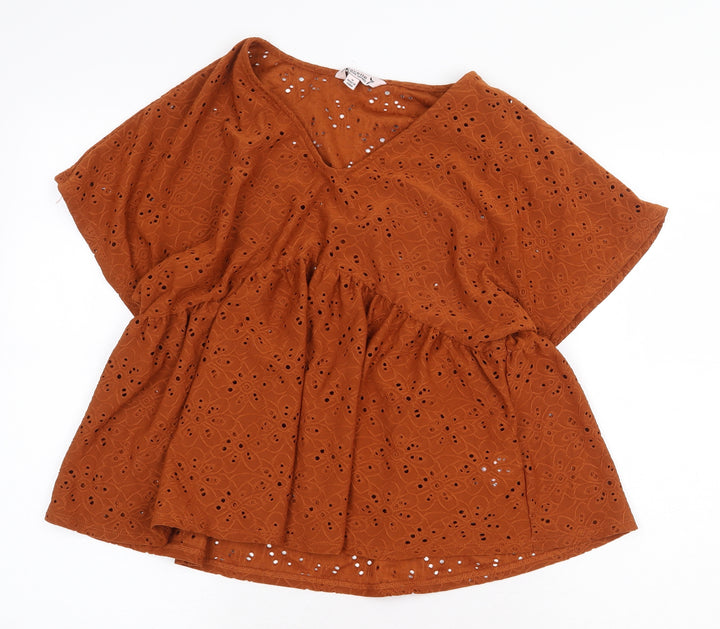 Nanette Lepore Womens Brown Geometric Polyester Basic Blouse Size S V-Neck