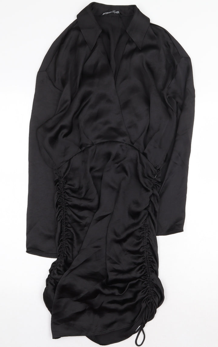 Zara Knit Womens Black Polyester Shirt Dress Size S Collared Zip