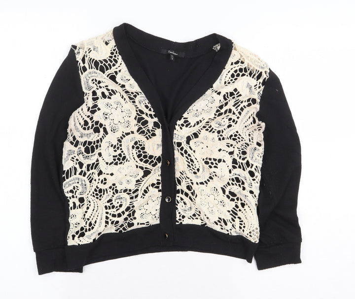 Momteau Womens Black V-Neck Floral Cotton Cardigan Jumper Size S