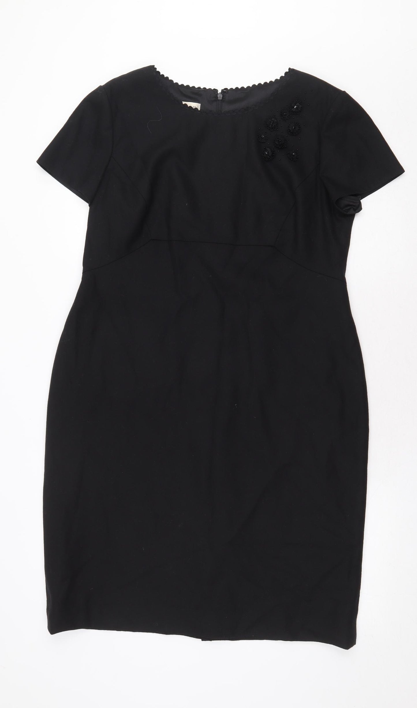 Viyella Womens Black Wool Sheath Size 14 Boat Neck Zip - 3D Flowers