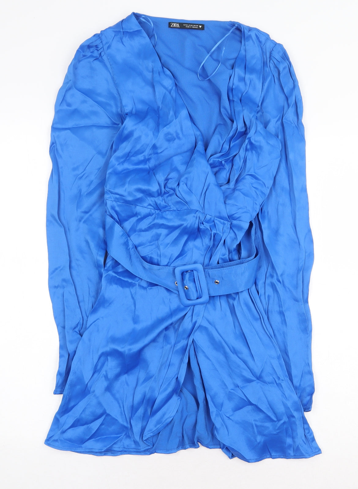 Zara Womens Blue Viscose A-Line Size M V-Neck Button