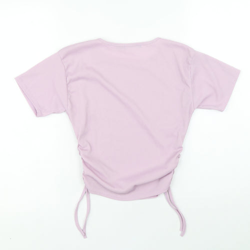 I SAW IT FIRST Womens Purple Polyester Cropped T-Shirt Size 6 Round Neck - Ribbed Side Tie Ruched