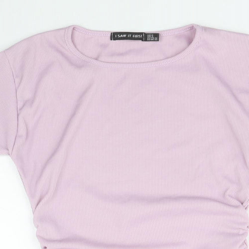 I SAW IT FIRST Womens Purple Polyester Cropped T-Shirt Size 6 Round Neck - Ribbed Side Tie Ruched