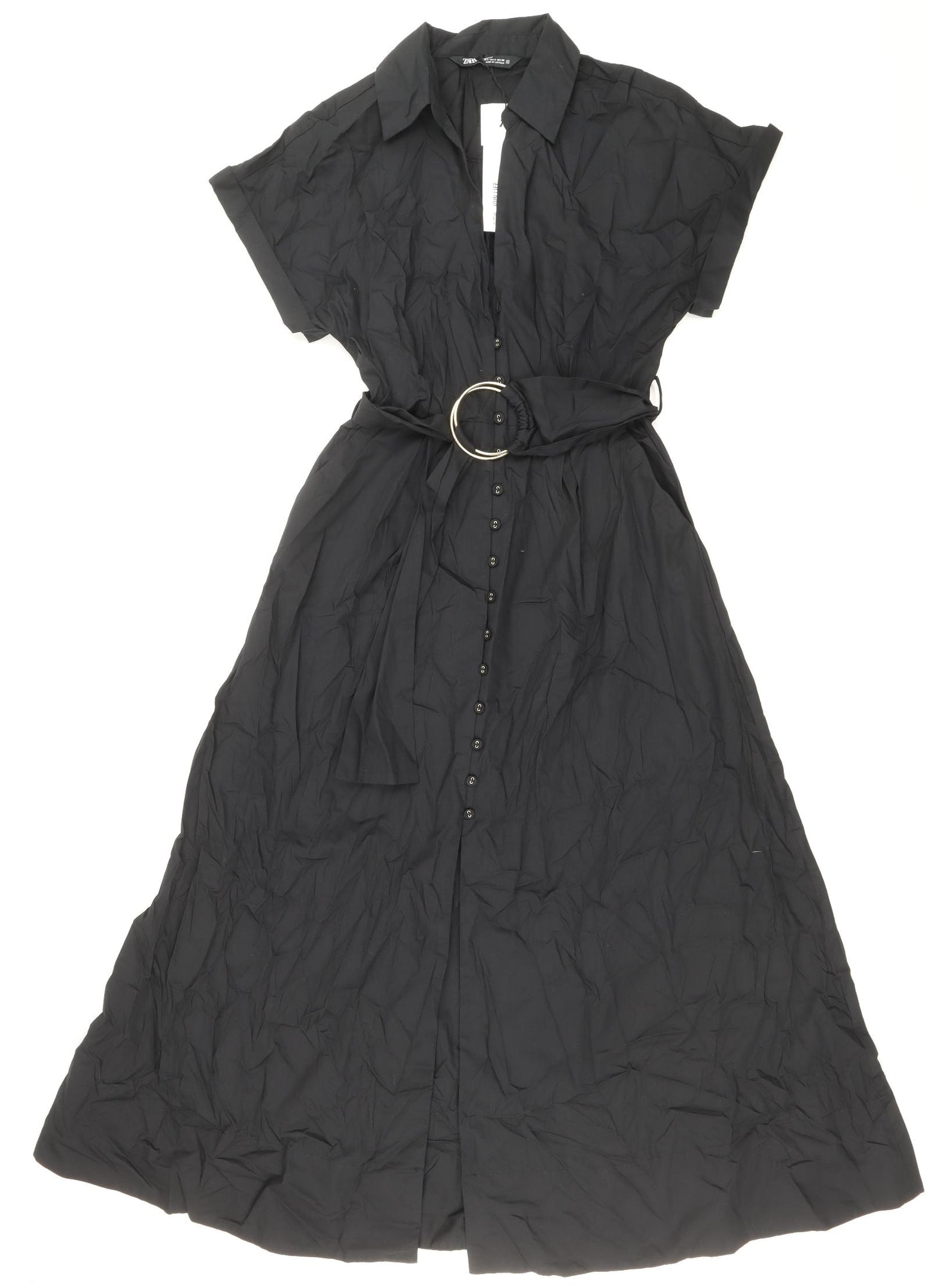 Zara Womens Black 100% Cotton Shirt Dress Size S Collared Button