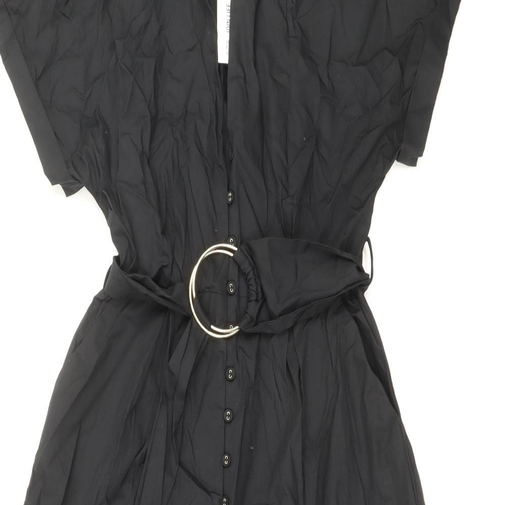 Zara Womens Black 100% Cotton Shirt Dress Size S Collared Button