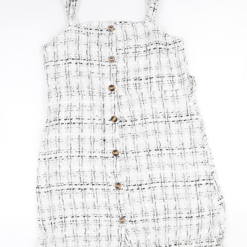 SheIn Girls White Geometric Polyester Pinafore/Dungaree Dress Size 11-12 Years Square Neck Button