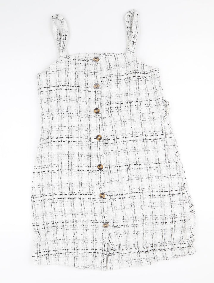 SheIn Girls White Geometric Polyester Pinafore/Dungaree Dress Size 11-12 Years Square Neck Button