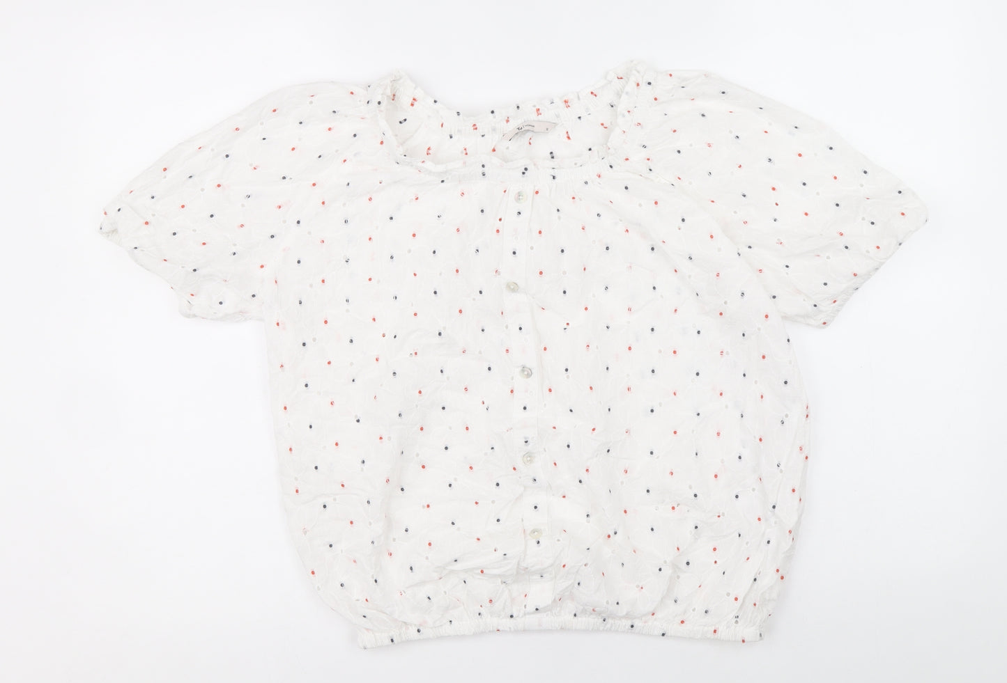 TU Womens White Polka Dot Cotton Basic T-Shirt Size 12 Round Neck